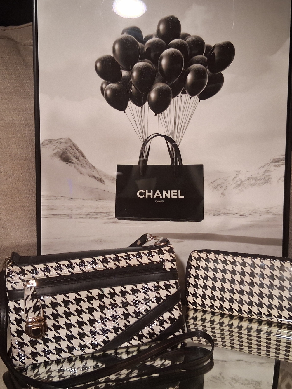 Chanel Inspired-Black & White Houndstooth Crossbody Bag with Matching Wallet
